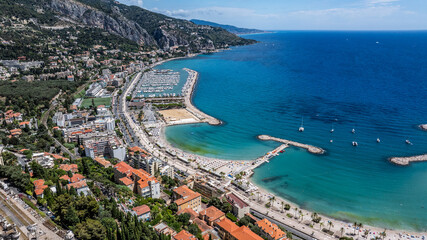 aerial landscape view of coastline in east part of Menton, France, with beach 