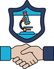 A black and white image of two hands shaking with a microscope in the background