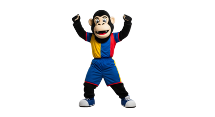 Cheerful monkey mascot in colorful sportswear, celebrating with arms raised in a vibrant pose