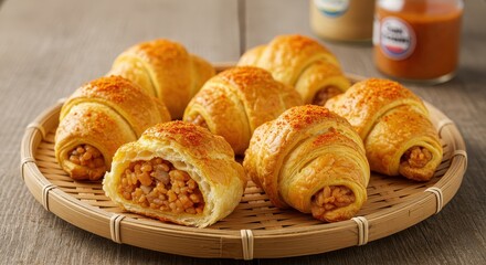 Freshly Baked Pastries Filled with Savory Rice Mixture on a Wooden Tray