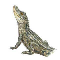Fototapeta premium Detailed Watercolor Illustration of a Young Alligator A Realistic Depiction of a Juvenile Reptile with Scaly Skin and Sharp Claws on a White Background