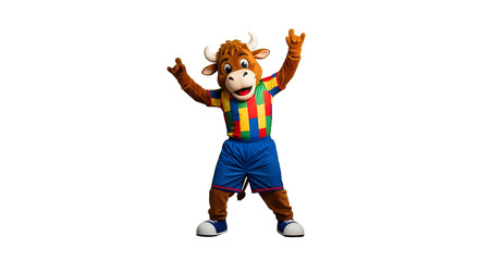 Cheerful Bull Mascot in Colorful Outfit with Raised Arms, Isolated on Transparent Background