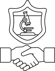 A black and white image of two hands shaking with a microscope in the background