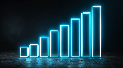 A luminous bar graph with a neon blue glow ascending on a dark surface
