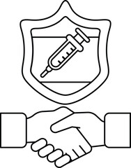 A black and white image of two hands shaking with a shield
