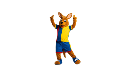 Cheerful kangaroo mascot character in colorful soccer uniform posing with thumbs up gesture on Transparent