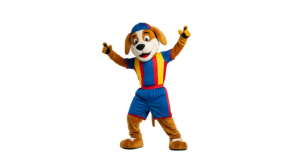 Cheerful cartoon dog mascot wearing sports uniform and cap, standing and posing with arms raised up