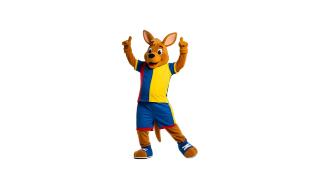 Cheerful kangaroo mascot character in colorful soccer uniform posing with thumbs up gesture on Transparent - Powered by Adobe