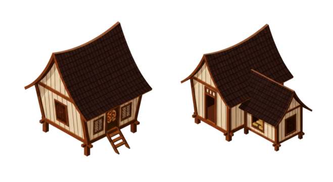 isometric village farmhouses charming 3d models of rustic dwellings, isolated on transparent background