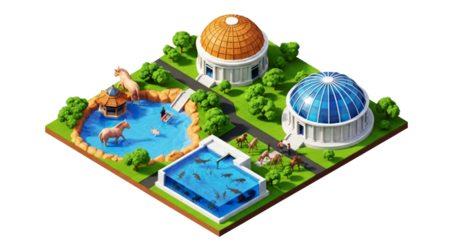 isometric zoo 3d model of classic animal habitats, isolated on transparent background