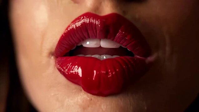 A romantic young brunette in a red peignoir with a deep d&eacute;collet&eacute; approaches and kisses.