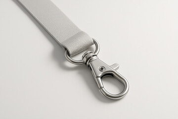 High-angle close-up of a lanyard with a lobster clasp, clasp in sharp focus in the foreground, seamless matte white background, soft shadows, minimalist style, 3D render, high-quality product mockup.