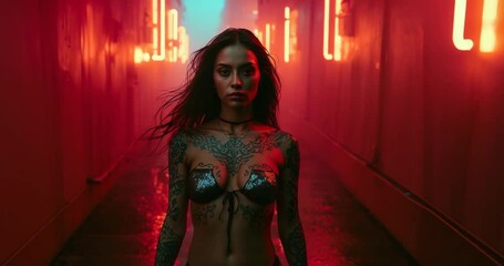 Walking Hispanic model approaching camera in neon corridor, metal bikini top highlighting tattoos - Powered by Adobe