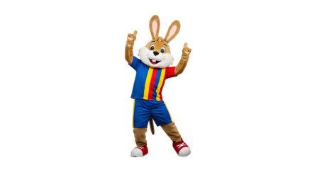 Cheerful Rabbit Mascot Posing in Sports Uniform on Transparent Background