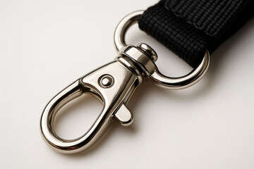 Macro close-up from a high angle of a lobster clasp connecting to a lanyard strap, detailed reflections on polished metal, white background, product photography with depth of field.