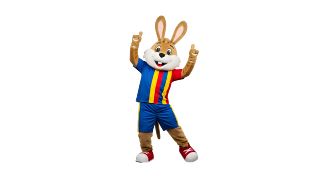 Cheerful Rabbit Mascot Posing in Sports Uniform on Transparent Background