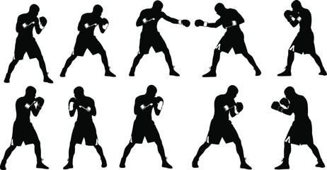 Boxer silhouettes in defensive and offensive fighting stances, showcasing various boxing techniques, punches, and movements on white background for sports and training concepts.