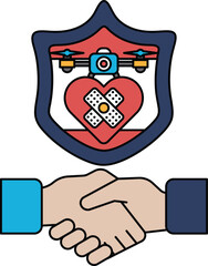 A black and white image of two hands shaking with a heart and a bandage on it