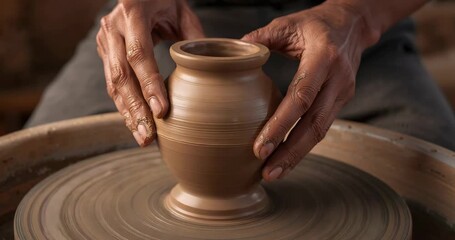 Electric wheel spinning and apron-clad potter hands shaping clay pot at art studio to make pottery