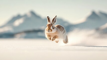 Obraz premium Arctic hare leaps across snow. Winter landscape with distant mountains. Fauna of cold climate environment. Wild animal running in icy field.