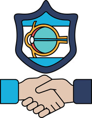 A handshake between two people is shown with a shield behind them