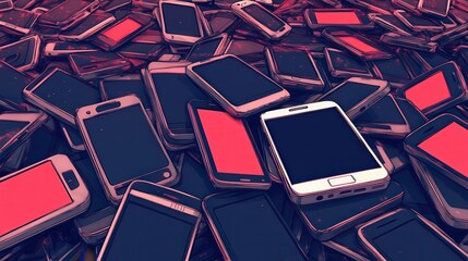 A dense collection of smartphones piled together, showcasing various designs and colors, This image can be used for topics related to technology, mobile devices, waste management