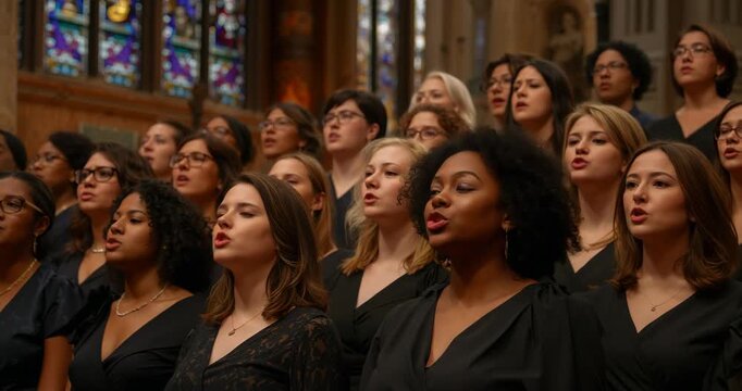 Conductor cueing choir singers opening vocal phrases inside cathedral, with stained glass windows