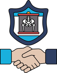 A black and white image of two hands shaking with a shield behind them