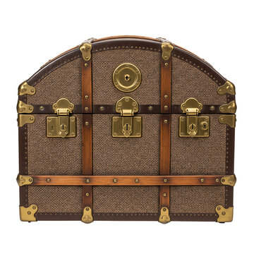 Antique domed trunk with metal hardware and leather straps antique luggage travel case isolated on transparent background