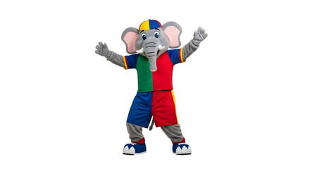 Colorful Mascot Elephant in Sportswear Poses Cheerfully with Arms Raised Against Transparent Background