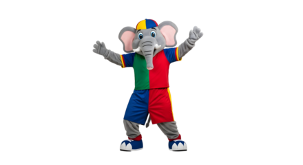 Colorful Mascot Elephant in Sportswear Poses Cheerfully with Arms Raised Against Transparent Background