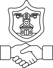 A black and white image of two hands shaking with a shield behind them