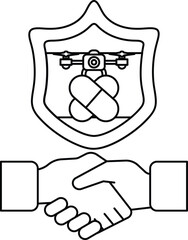 A black and white image of two hands shaking with a shield behind them