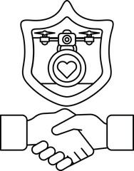 A black and white image of two hands shaking with a heart in the middle