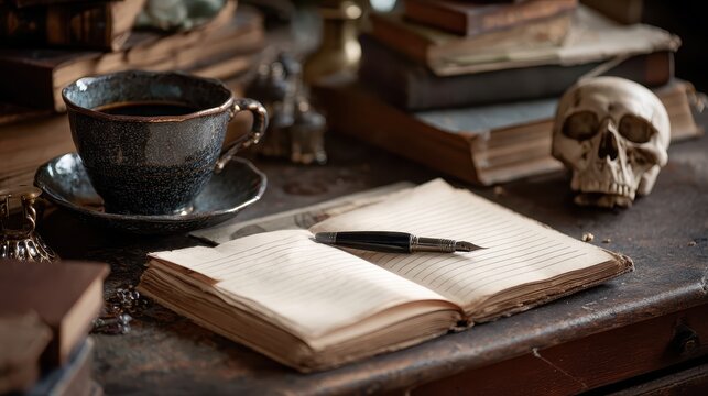 Vintage writing desk with skull and coffee. - Powered by Adobe