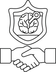 A black and white image of two hands shaking with a key on the shield