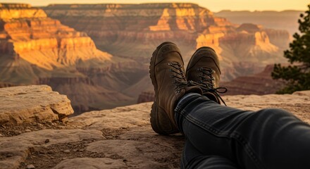 Peaceful Moment at Grand Canyon with Hiking Boots Resting on Scenic Overlook at Sunset