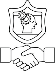 A man and a woman shaking hands with a shield behind them