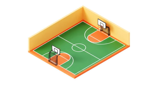 lowpoly basketball court isometric 3d model for game design, isolated on transparent background