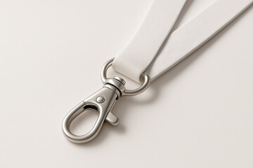 High-angle close-up of a lanyard with a lobster clasp, clasp in sharp focus in the foreground, seamless matte white background, soft shadows, minimalist style, 3D render, high-quality product mockup.