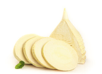 Fresh Bamboo Shoots Sliced on White Background - Asian Vegetable Ingredient