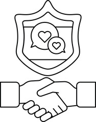 A shield with two hearts and a handshake symbol