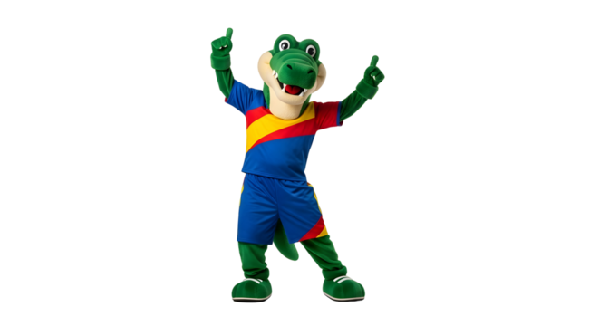 Cheerful Crocodile Mascot with Sportswear Posing and Gesturing Upward Against Black Background