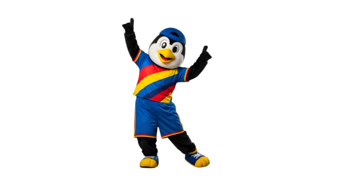 Playful penguin mascot in sports uniform with cheerful expression and raised arms gesturing