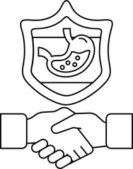 A black and white image of two hands shaking hands with a shield behind them