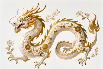 Fototapeta premium A surreal, simple 3d artwork of a Decorative Chinese Dragon illustration with golden outlines, luxury floral design, white base