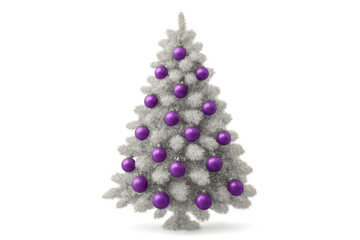 Silver christmas tree with purple baubles on transparent background