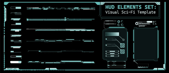 This graphic features a collection of futuristic HUD elements organized neatly on a dark background. The design is ideal for digital projects needing sci-fi visuals or user interface components