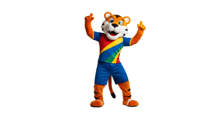 Cheerful tiger mascot character gesturing thumbs up wearing soccer uniform, smiling and happy