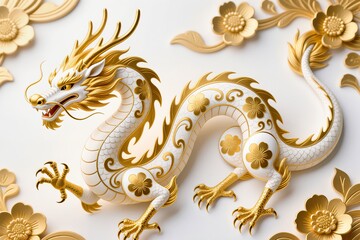 Fototapeta premium A surreal, simple 3d artwork of a Decorative Chinese Dragon illustration with golden outlines, luxury floral design, white base